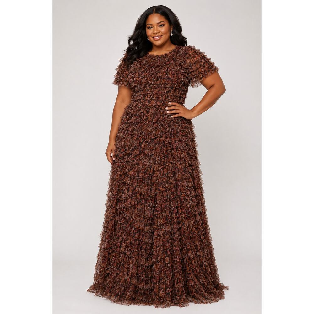 New with Tags Mac Duggal 8042 Brown Multi Tiered Ruffle Chiffon Gown Dress Sz 20 - Picture 3 of 16